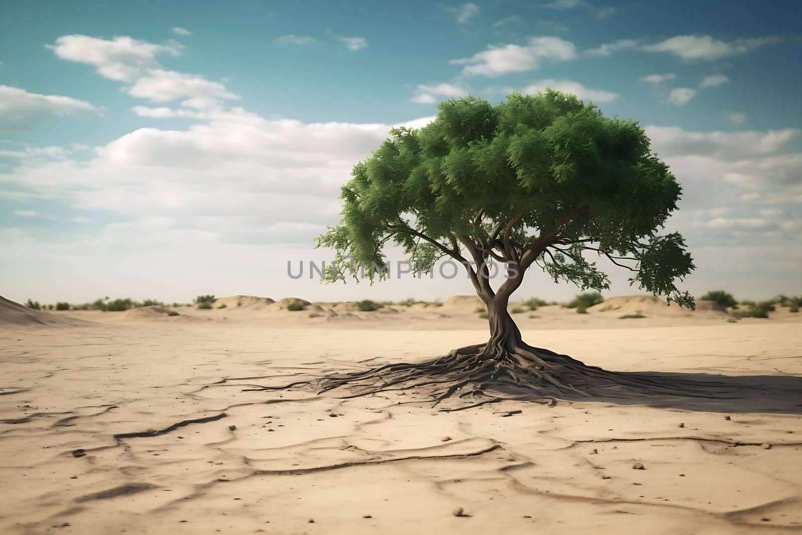 A lonely tree stands in the desert generated by artificial intelligence