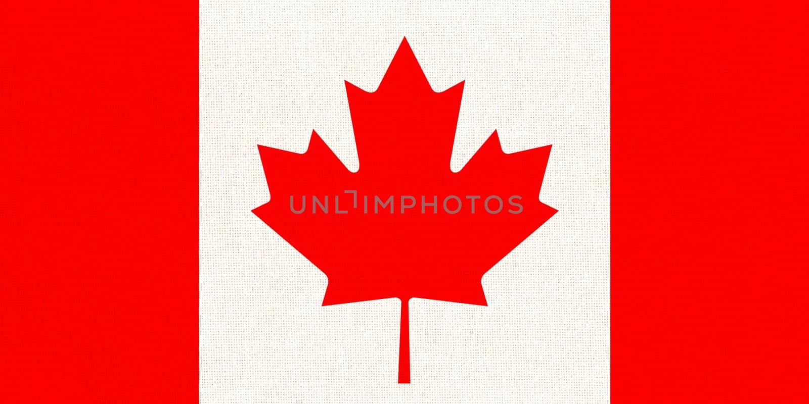 Flag of Canada. Canadian flag on fabric surface with red maple leaf on white background. Canadian national flag on textured background. Fabric Texture. American country