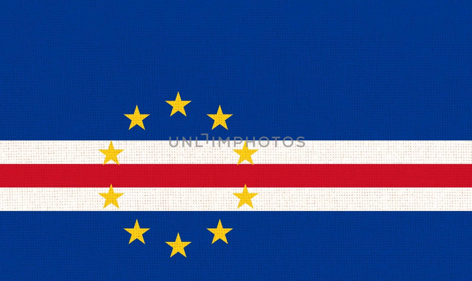 Flag of Cape verde. National Cape verde flag on fabric surface. Cape verde national flag on textured background. Fabric Texture. Republic of Cabo Verde. Island country
