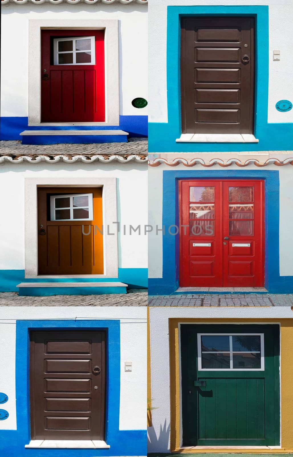 Collage of doors with vivid colors from Vila Nova de Milfontes houses. Little picturesque town on the Alentejo coast, Portugal