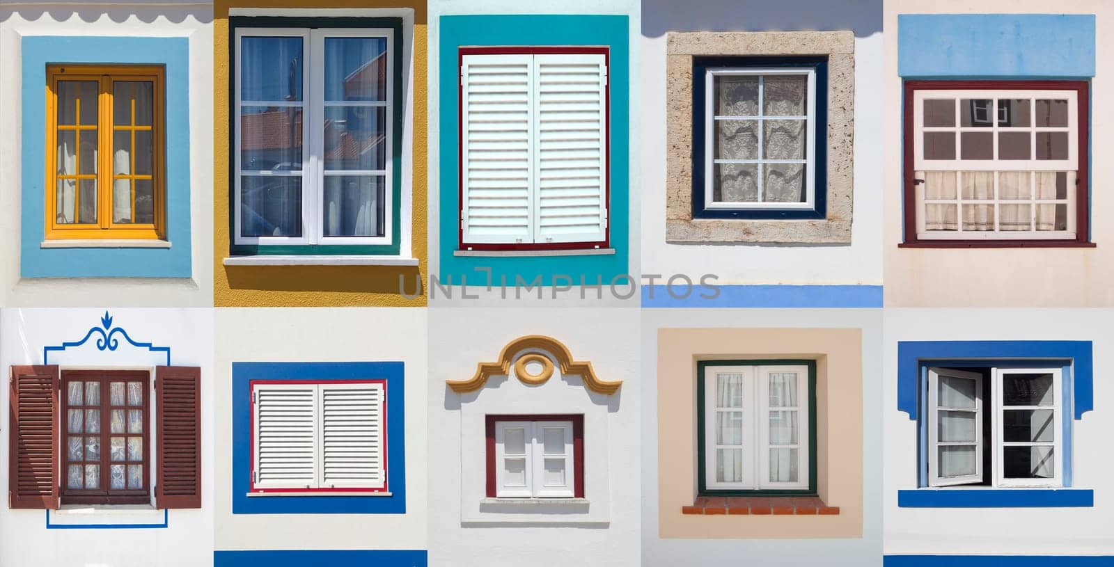 Collage of windows with vivid colors from Vila Nova de Milfontes, Portugal