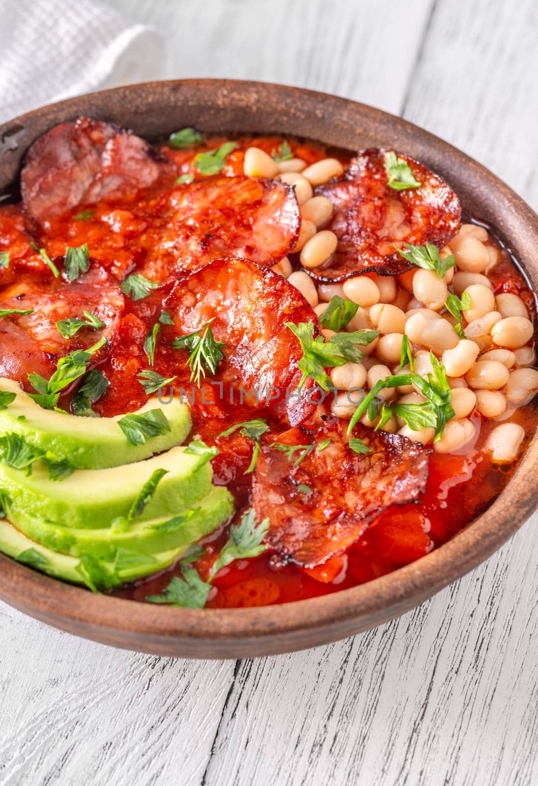 Bowl of chorizo and butter bean stew