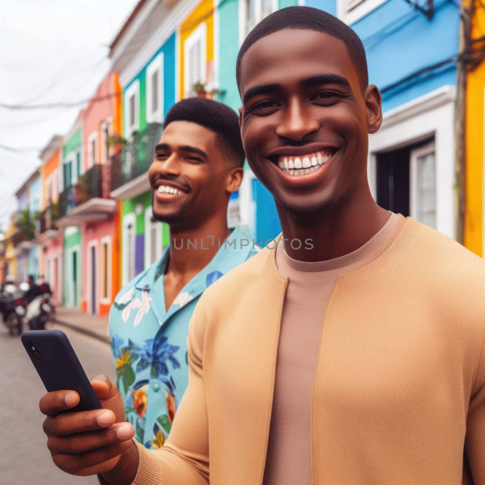 two happy young attractive fashionable men using a phone in a colorful street generative ai
