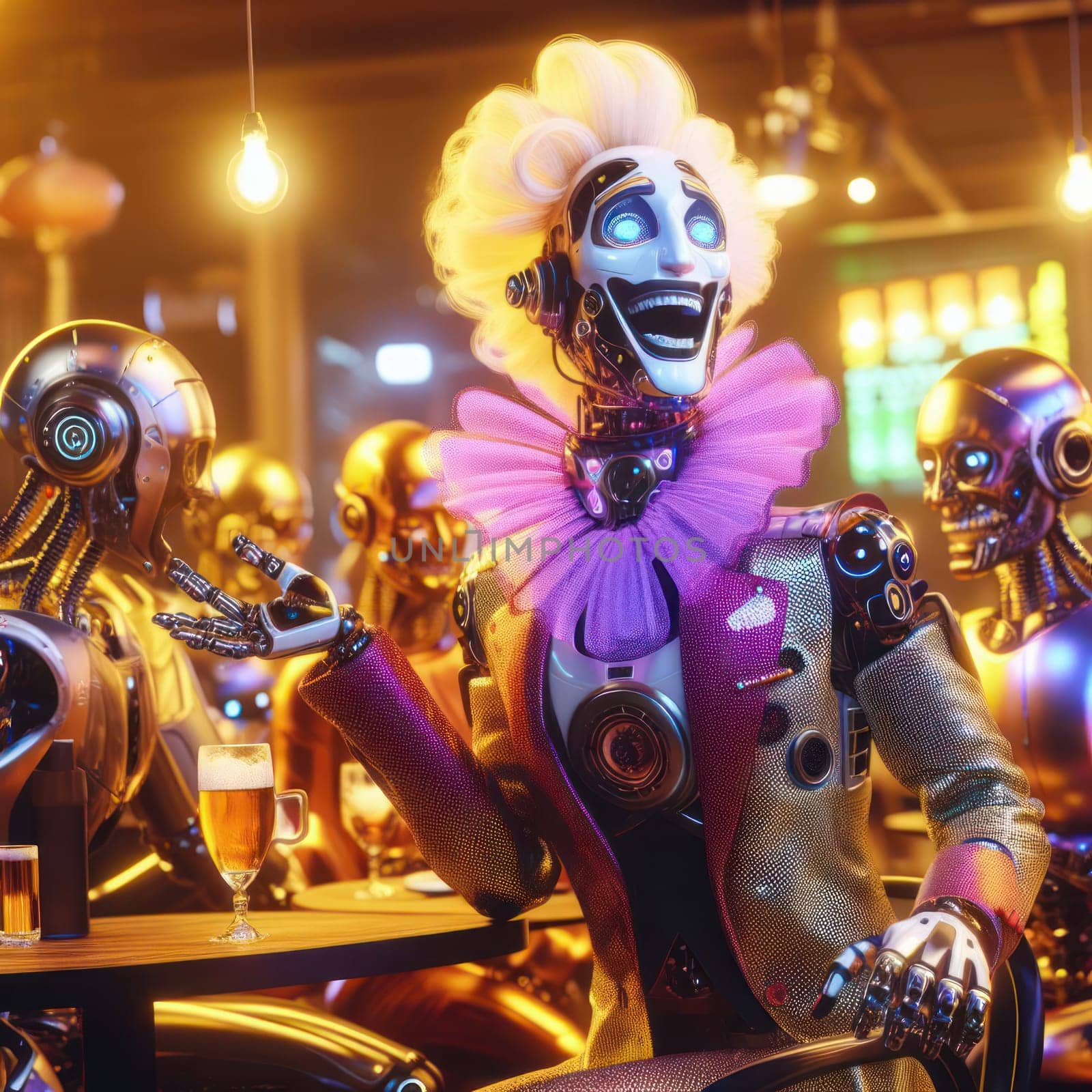 3d art of comical drunk happy flamboyant futuristic robot in a bar generative ai