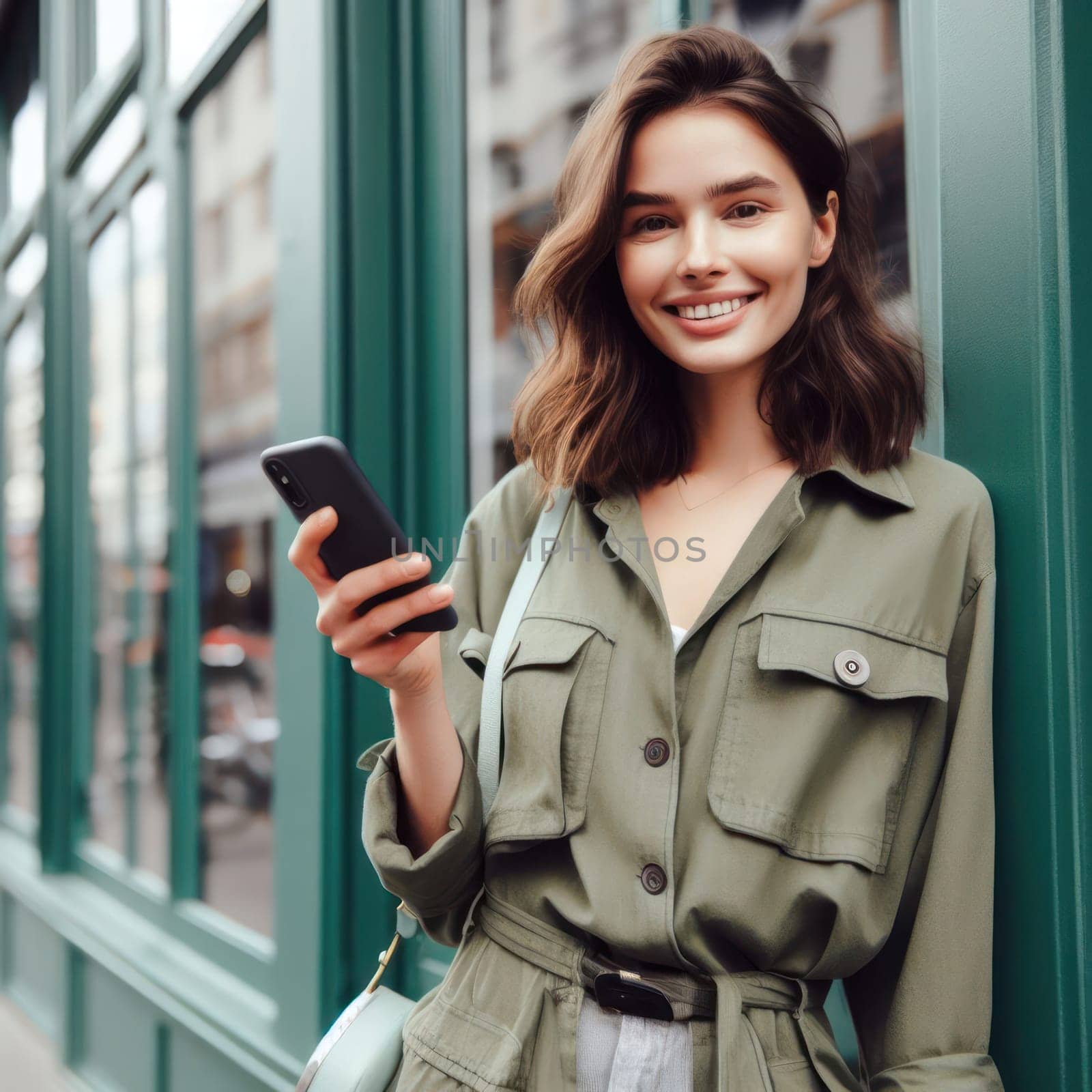 happy young attractive fashionable woman wearing ash green colored clothes using a phone in a color coordinated street generative ai
