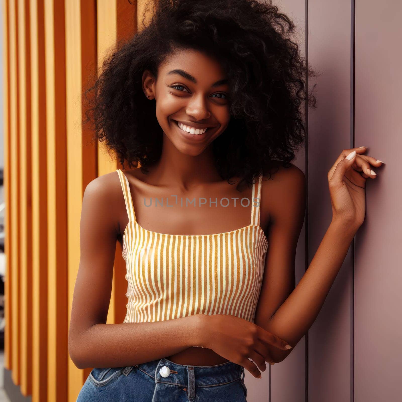contemporary portrait of a cheerful young fashionable black woman