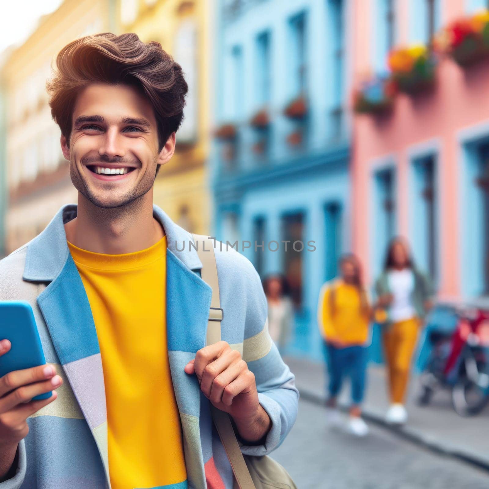 happy young attractive fashionable man wearing colorful clothes using a phone in a color coordinated street generative ai