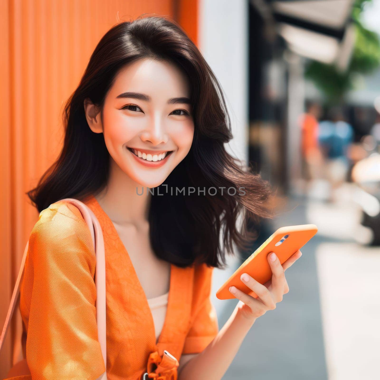 happy young attractive fashionable asian woman wearing orange clothes using a phone in a color coordinated street generative ai