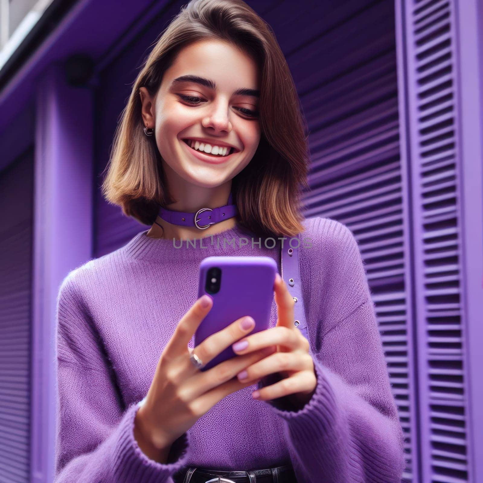 happy young attractive fashionable woman wearing purple voilet haze clothes using a phone in a color coordinated street generative ai
