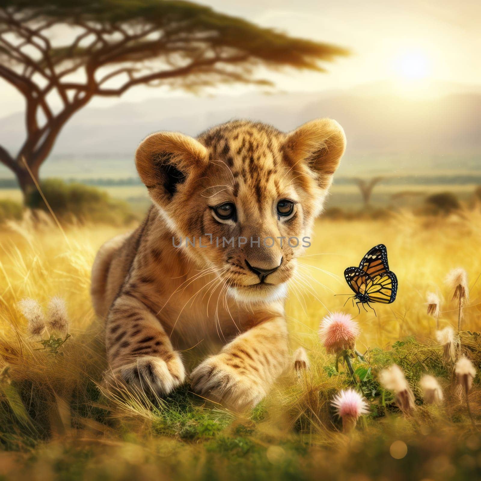 cute lion cub learning to hunt and stalks butterfly in the african savannah generativeai