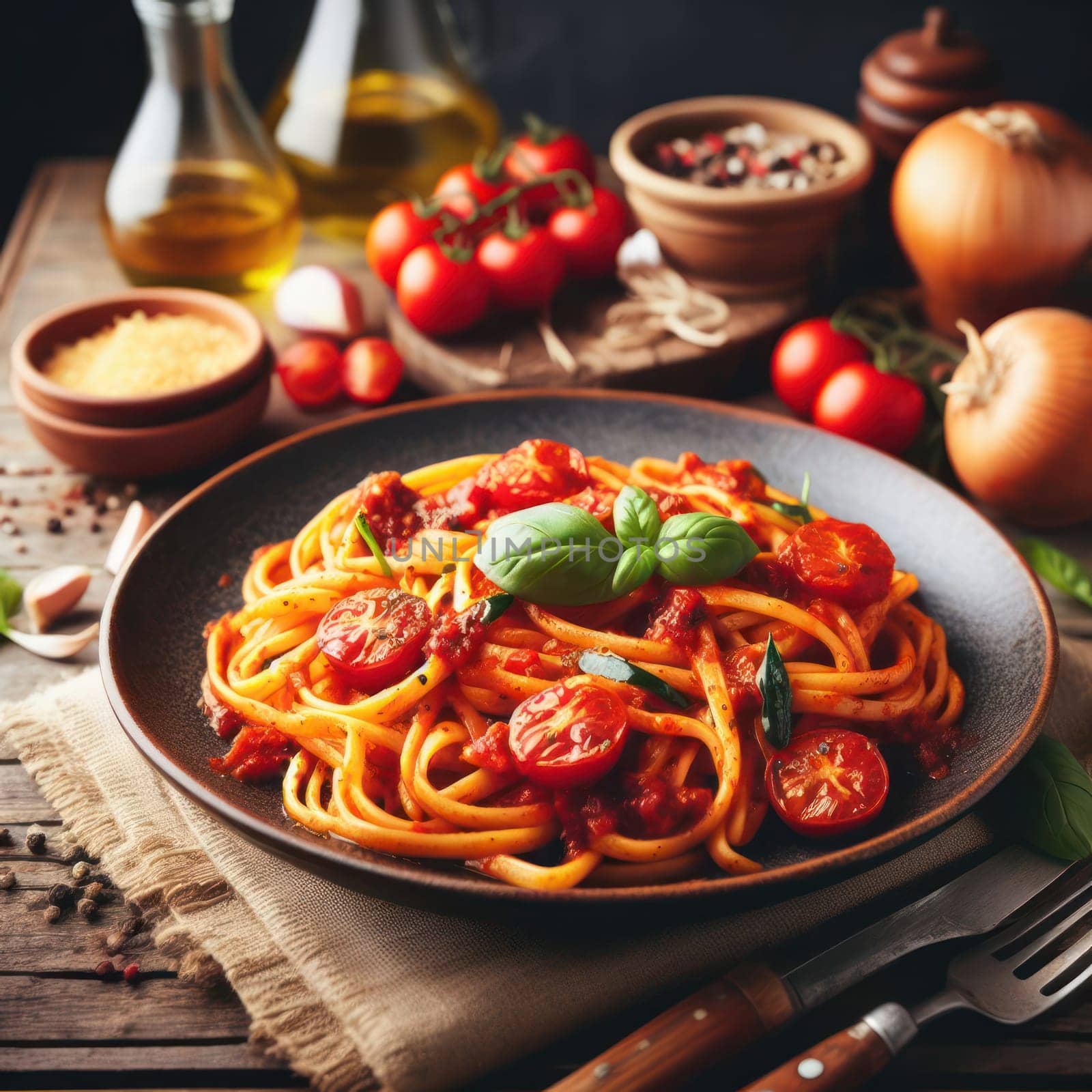 delicious traditional italian pasta puttanesca on a rustic table generative ai