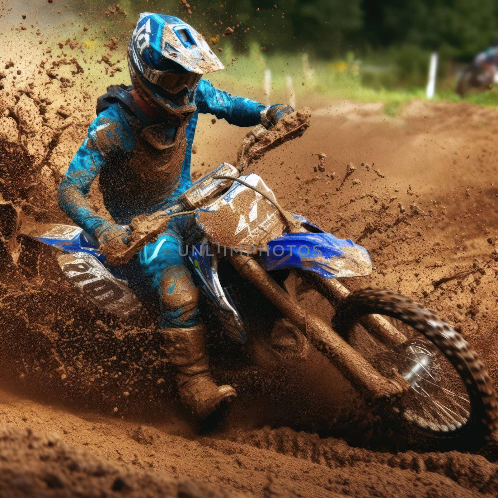action closeup of motocross rider on track with mud spraying generative ai
