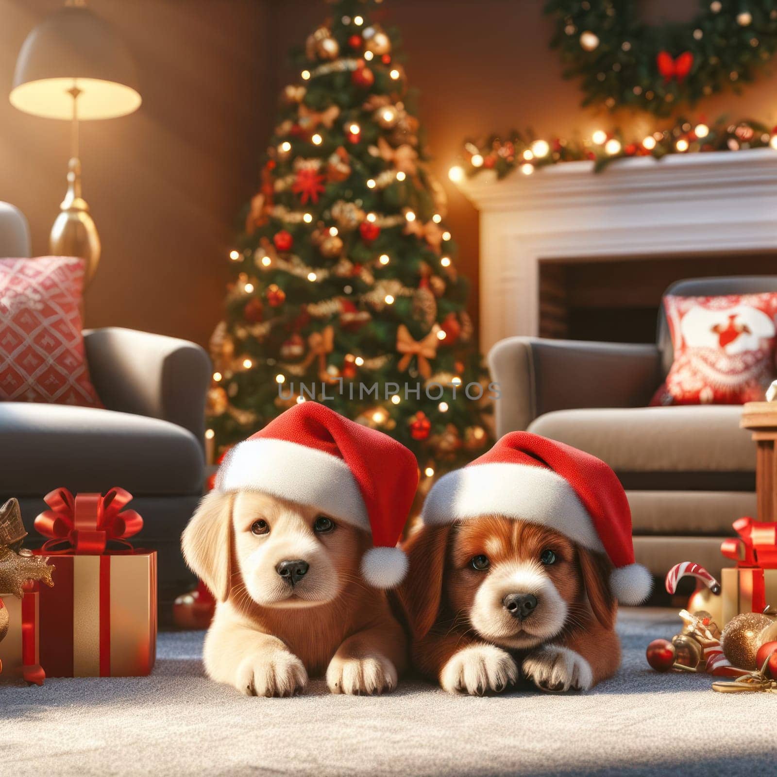 two cute puppy dogs wearing santa hats amongst the gifts at christmas time generative ai