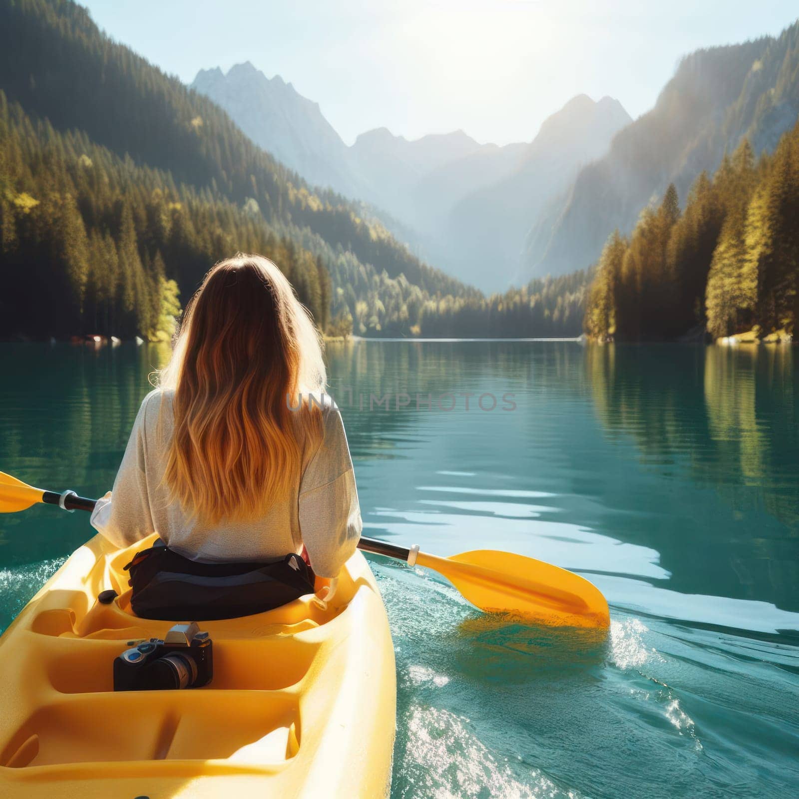 woman kayaking or canoeing on a flat water lake at sunrise generative ai photo