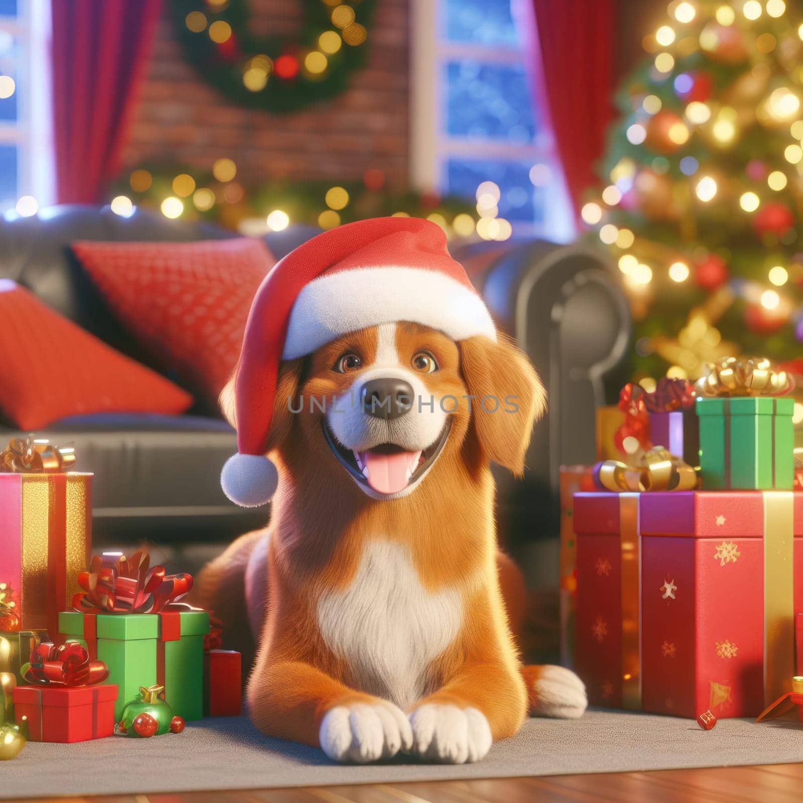 gorgeous dog wearing santa hat amongst the gifts at christmas time generative ai