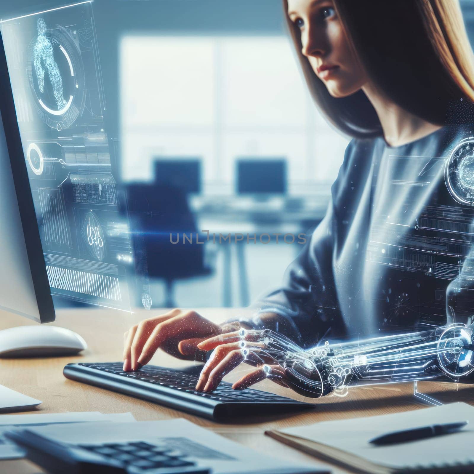 woman using an futuristic enhanced robotic cybernetics arm in the office generative ai