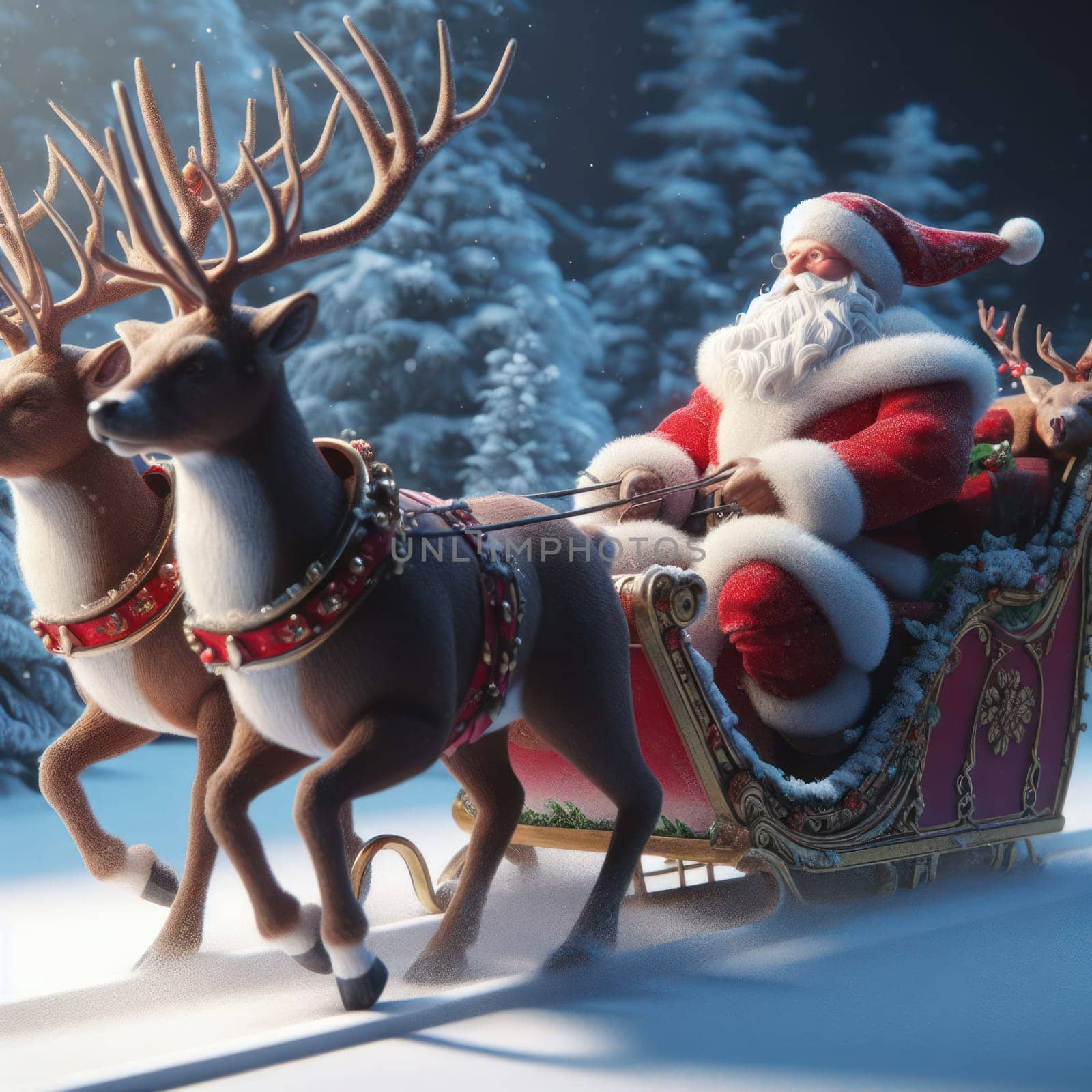 santa claus on a sleigh with reindeer in the snow generative ai