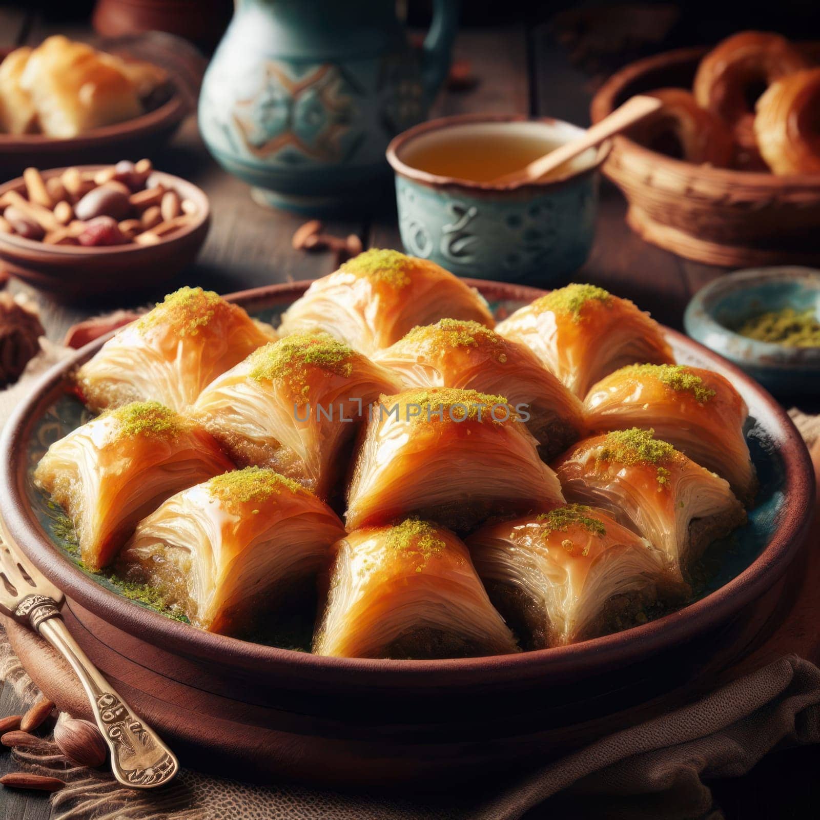 plate of delicious greek or turkish baklava on a plate in a rustic setting generative ai