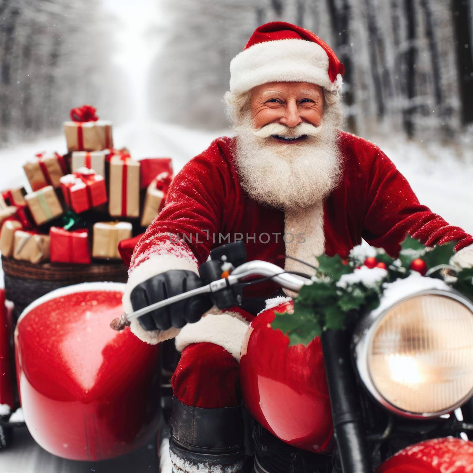 happy santa or father christmas on a red motorbike with presents generative ai