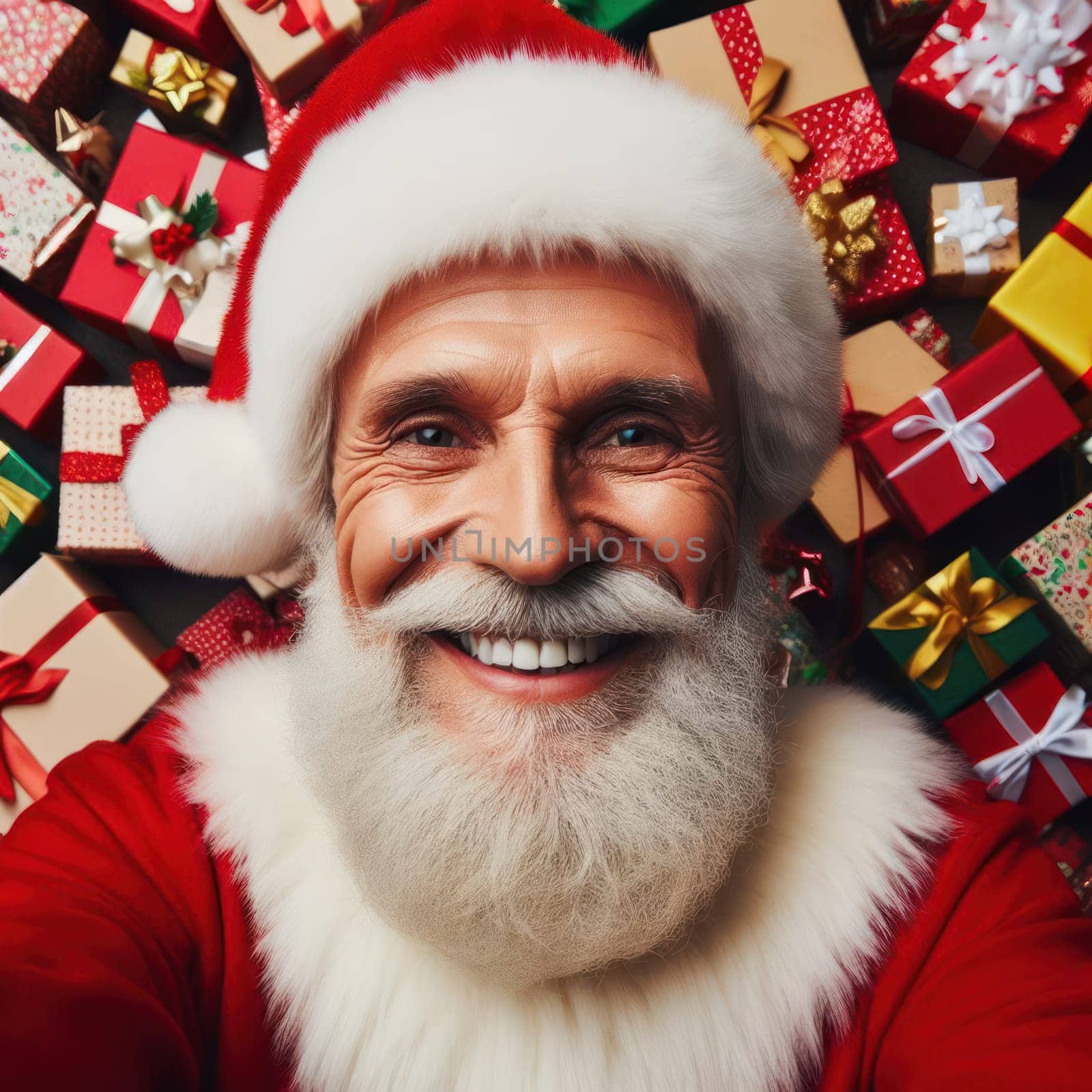 very happy santa claus is surrounded by gifts and presents generative ai