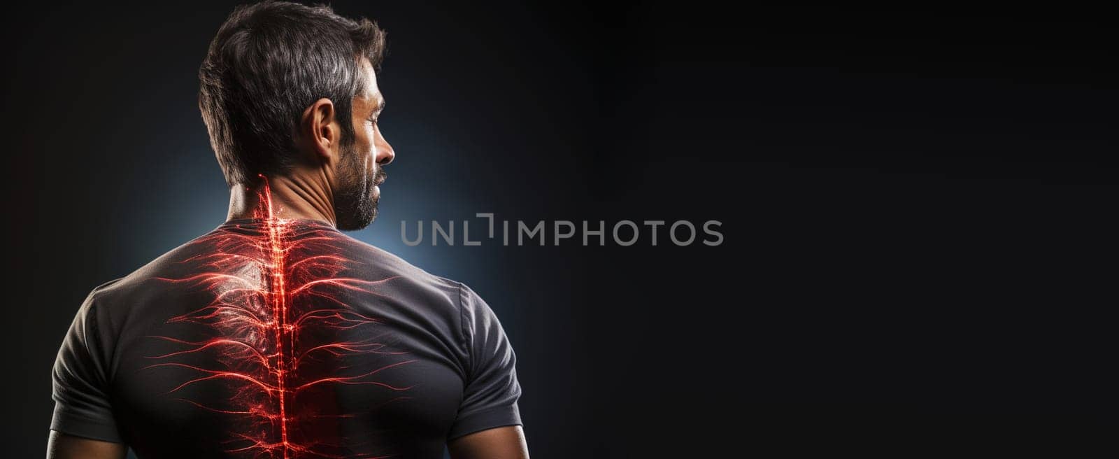 Man with back pain, injury at the spine, painful backache, osteoporosis, inflammation of the muscle
