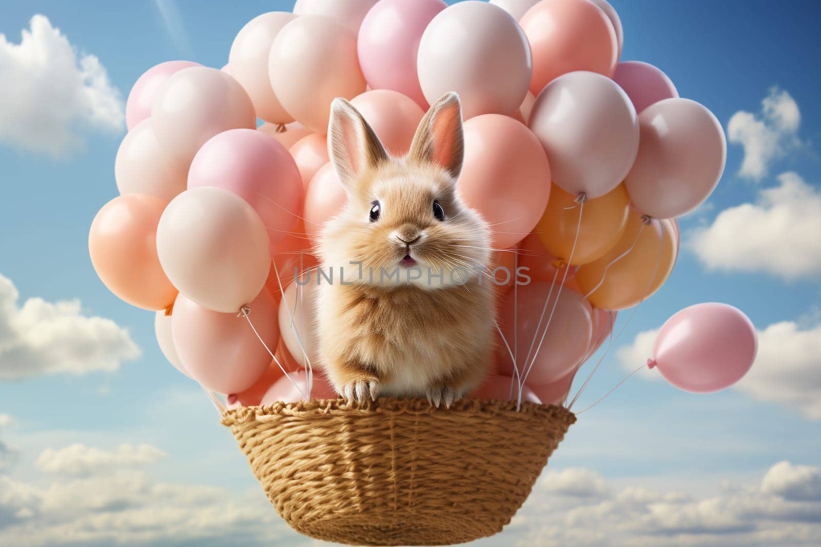 Easter bunny or rabbit sitting in a wicker basket with balloons and flying to the sky, holiday in spring