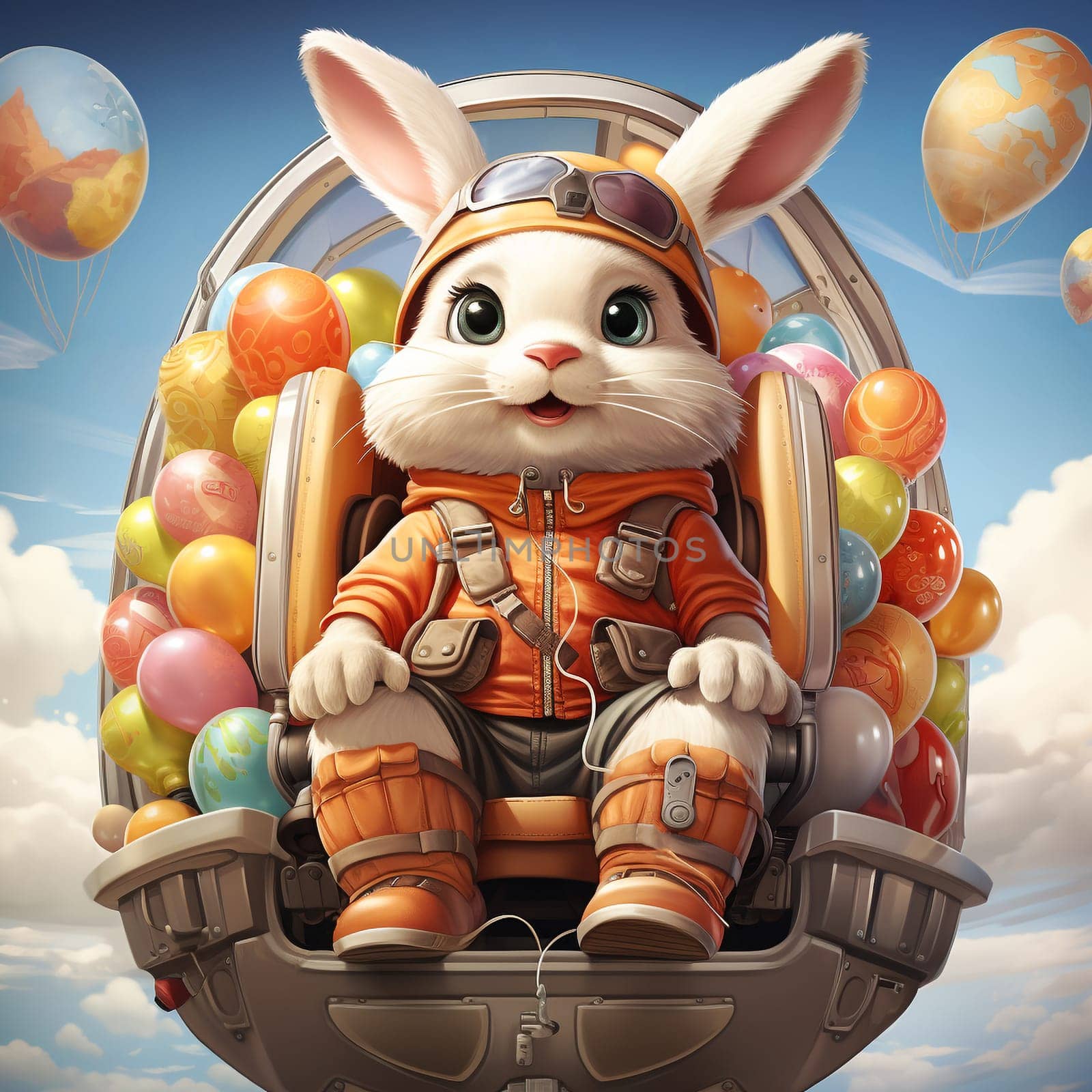 Easter bunny or rabbit sitting in a flying machine with colorful balloons and eggs, holiday in spring