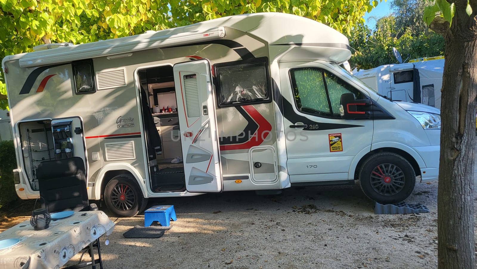 PENISCOLA,SPAIN - NOVEMBER 10.2022  Peniscola ,Spain - 10.2022: RV park and campsite in Peniscola at Camping Eden directly on the beach of Peniscola