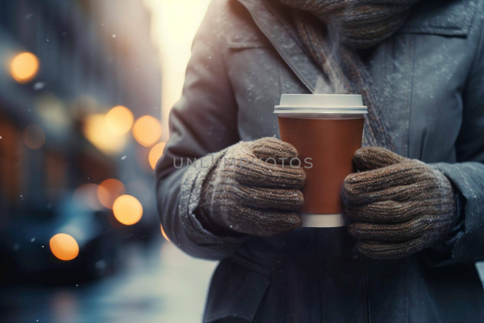 Person having hot coffee on the go outdoors on winter day. Person is having a walk with hot drink. Enjoying coffee on the go. Person dressed warm standing in a street downtown