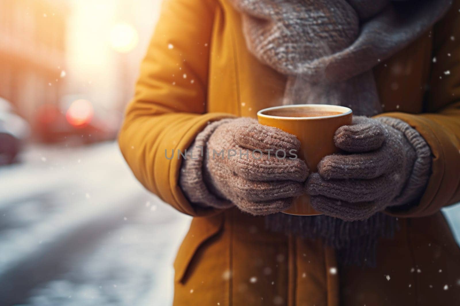 Woman having hot coffee on the go outdoors on winter day. Female is having a walk with hot drink. Enjoying takeaway coffee. Woman dressed warm standing in a street downtown