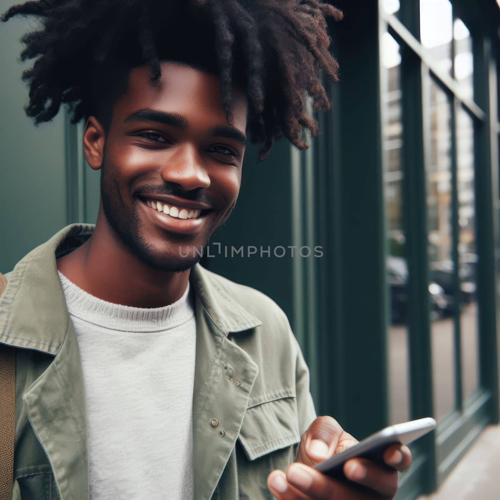 happy young attractive fashionable man wearing ash green colored clothes using a phone in a color coordinated street generative ai