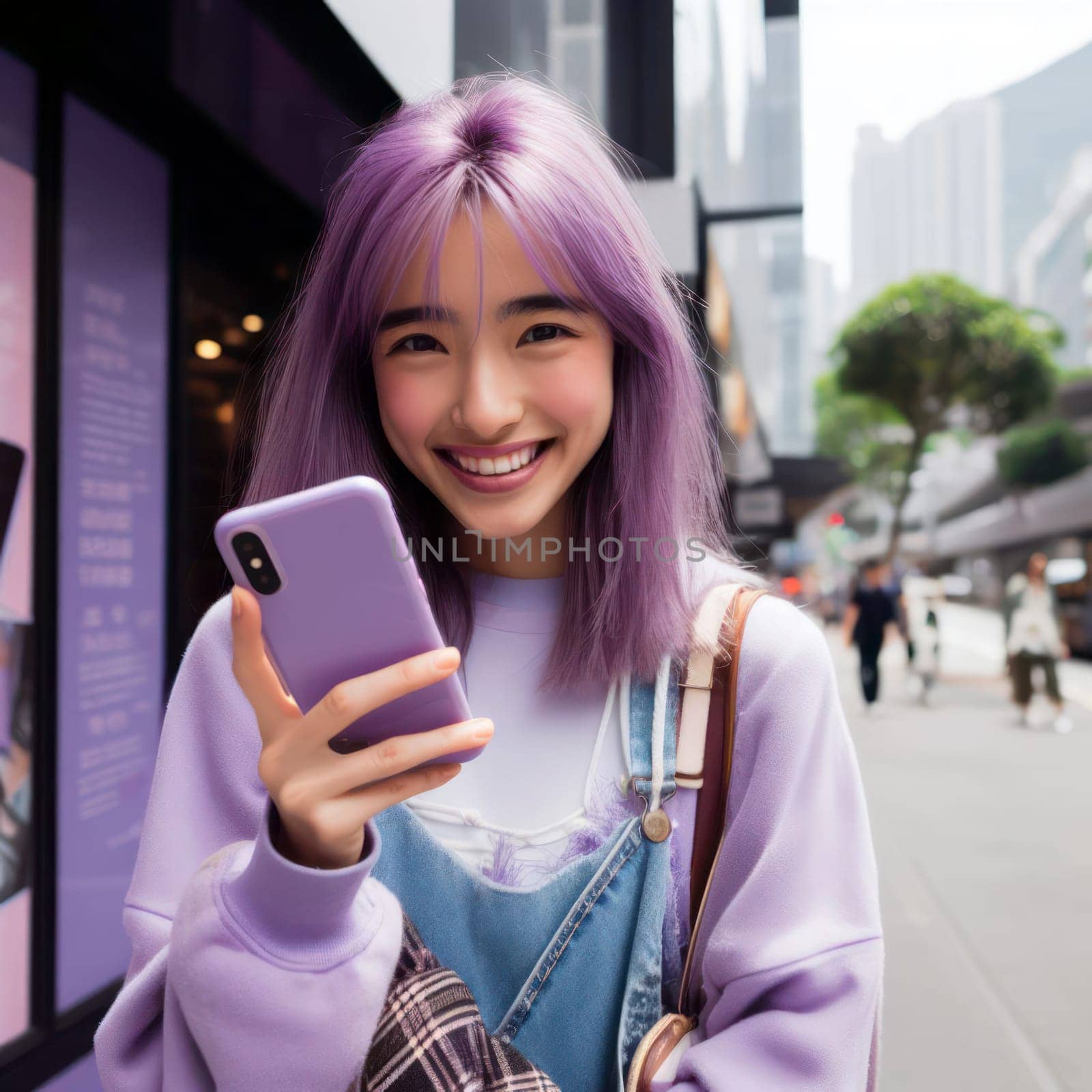 happy young attractive fashionable asian woman wearing purple voilet haze clothes using a phone in a color coordinated street generative ai