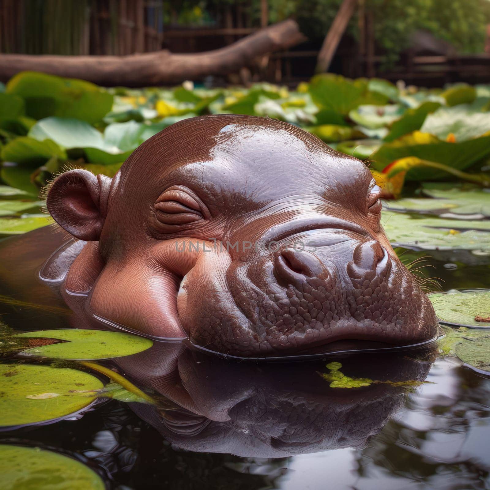 cute and gorgeous baby hippo sleeping in the river generative ai