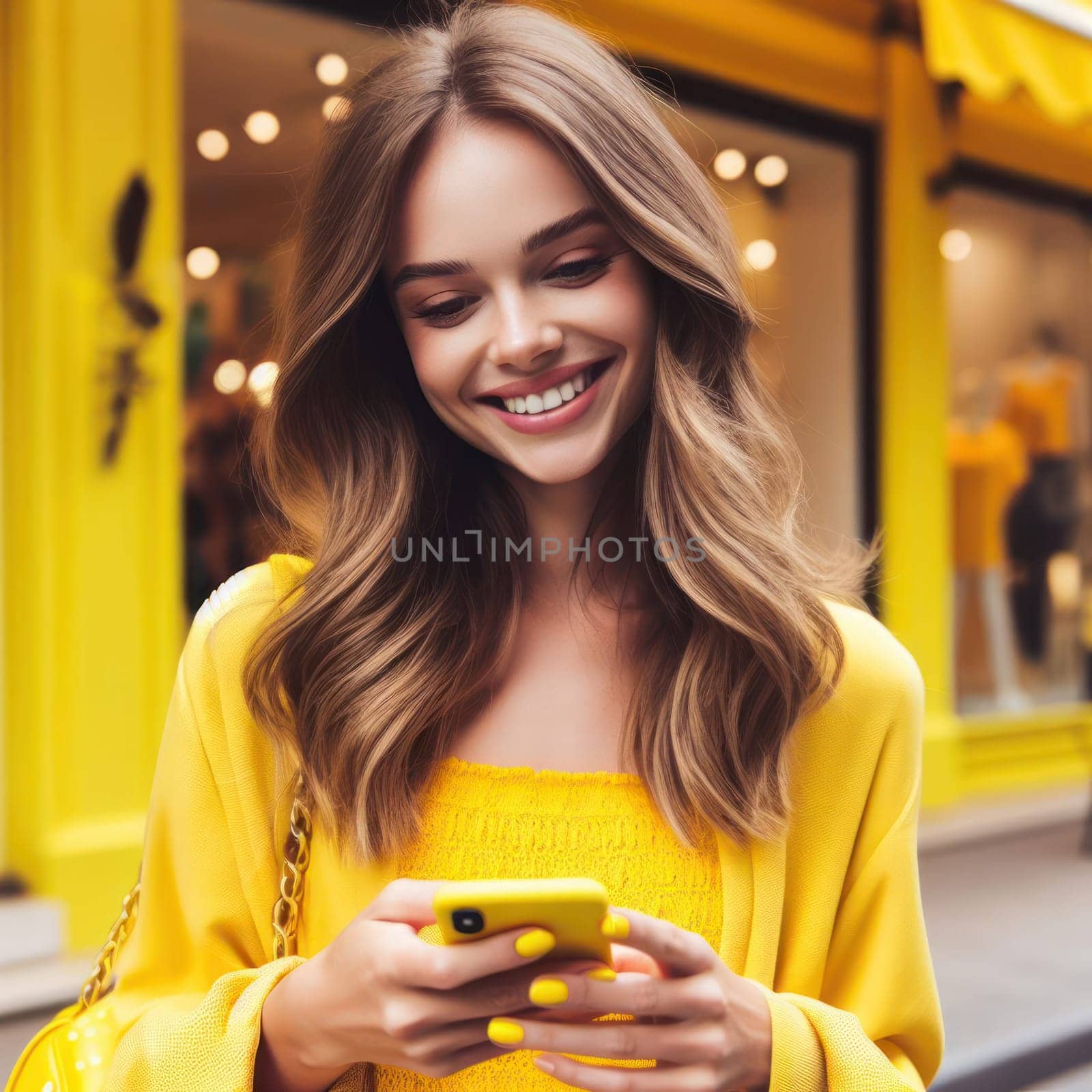happy young attractive fashionable woman wearing canary yellow clothing using a phone in a color coordinated street generative ai