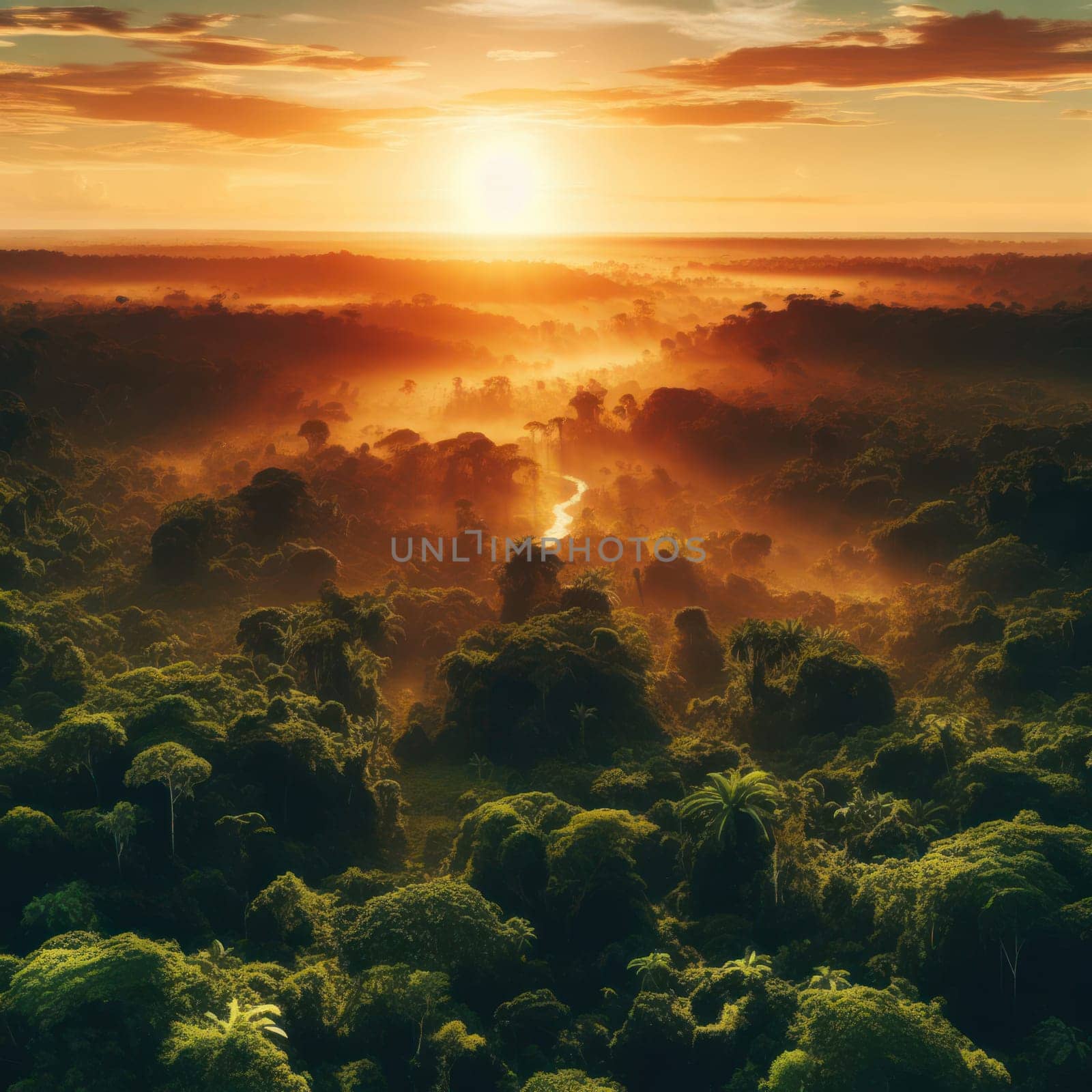 aerial shot of the lush green amazon rainforest at sunrise or sunset generative ai
