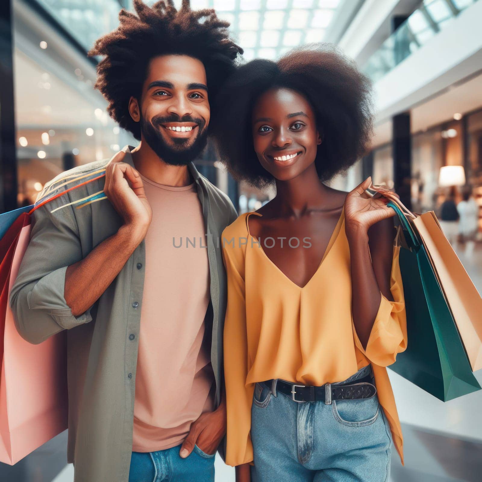 young attractive couple shopping together in a mall generative ai