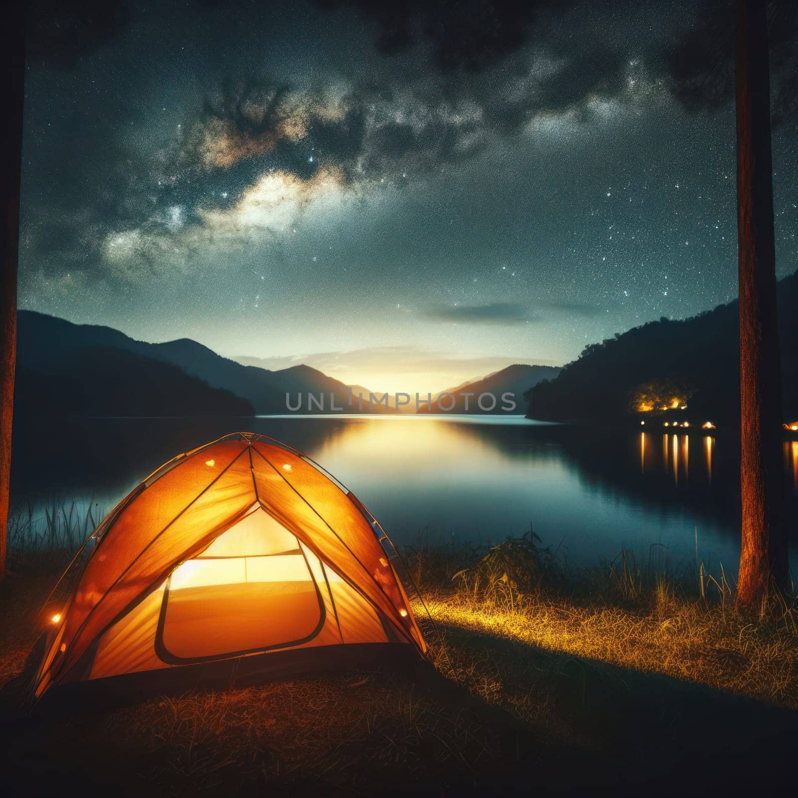 camping in the tent at night by the lake under a beautiful starry sky generative ai