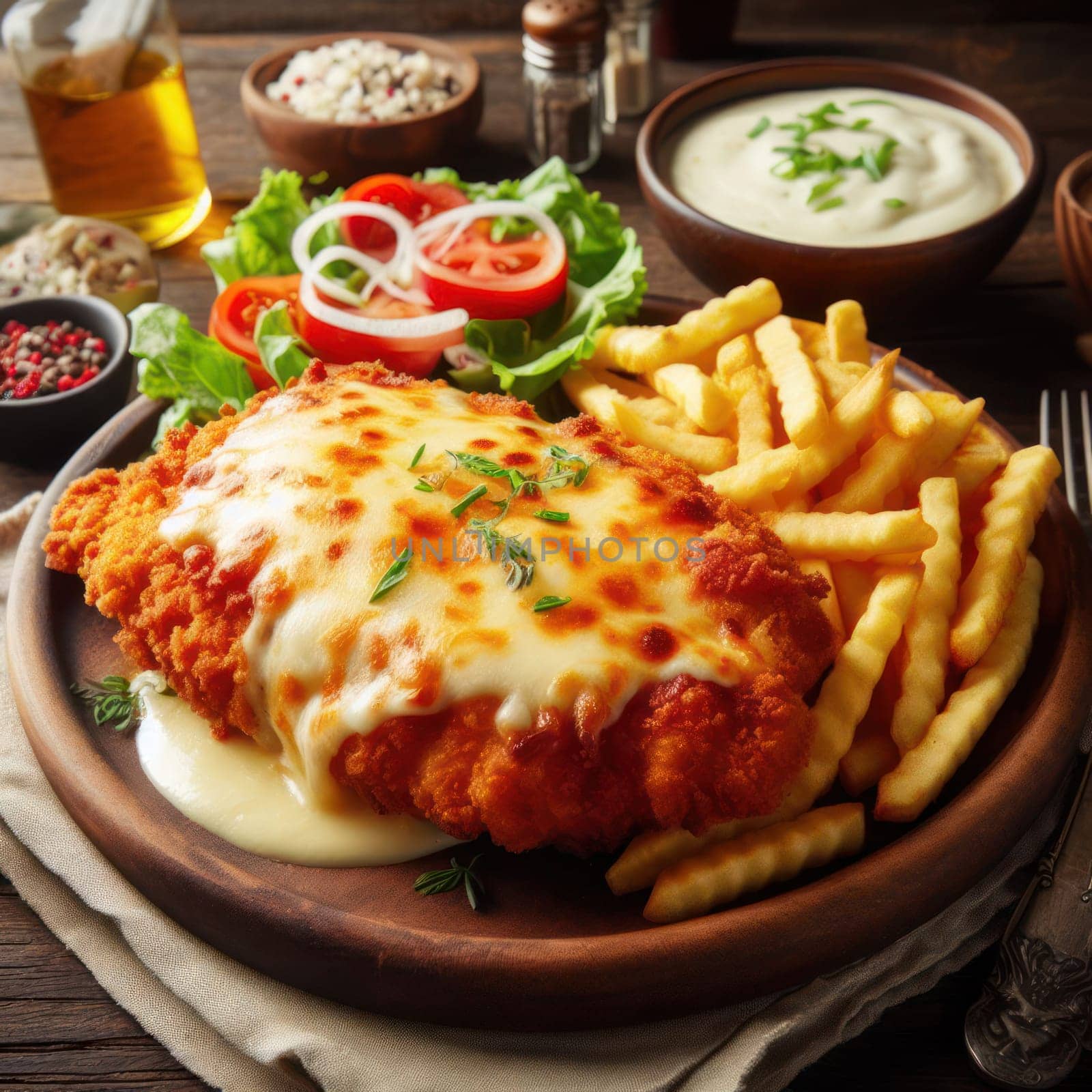 delicious chicken parmigiana schnitzel served with fries and salad generative ai