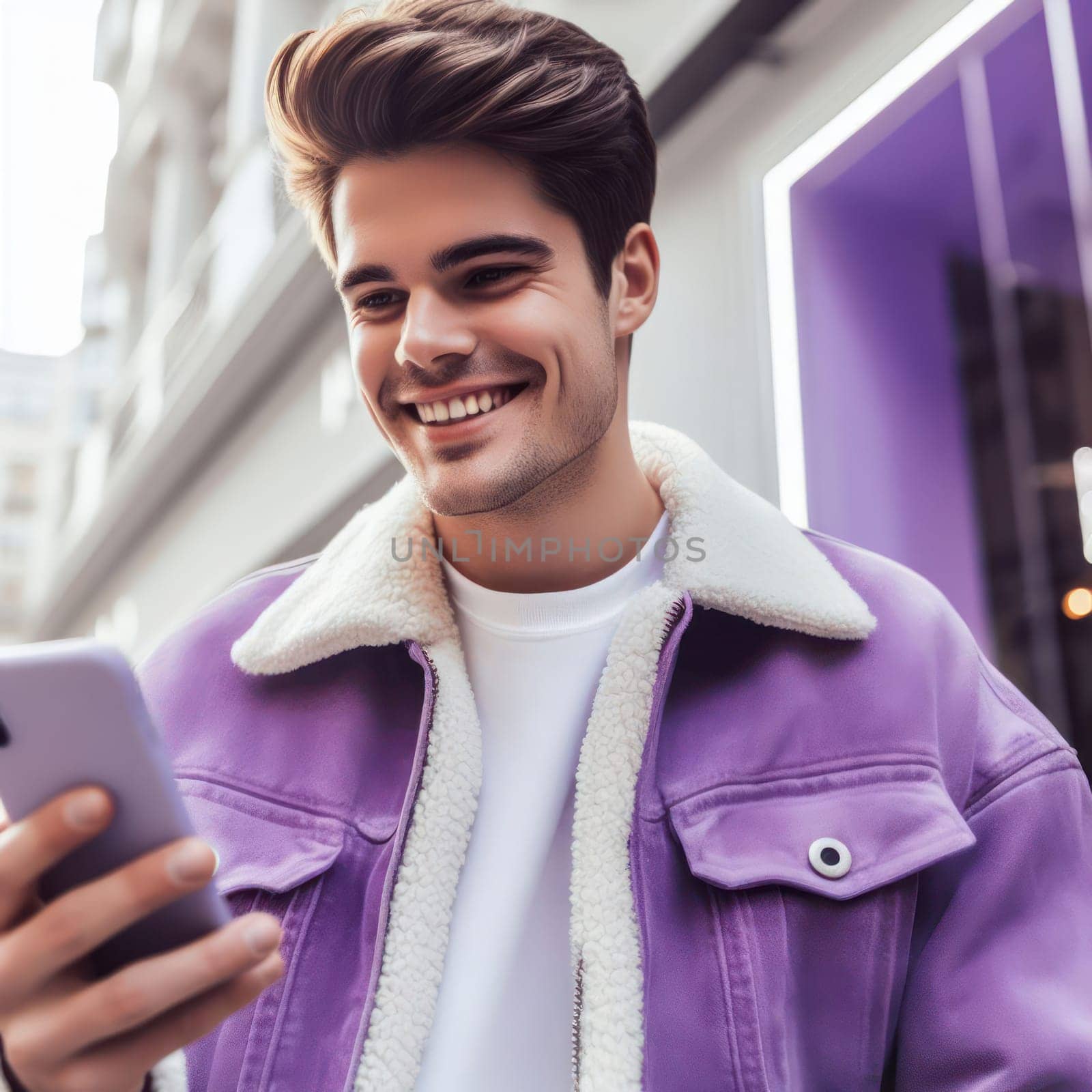 happy young attractive fashionable man wearing purple voilet haze clothes using a phone in a color coordinated street generative ai