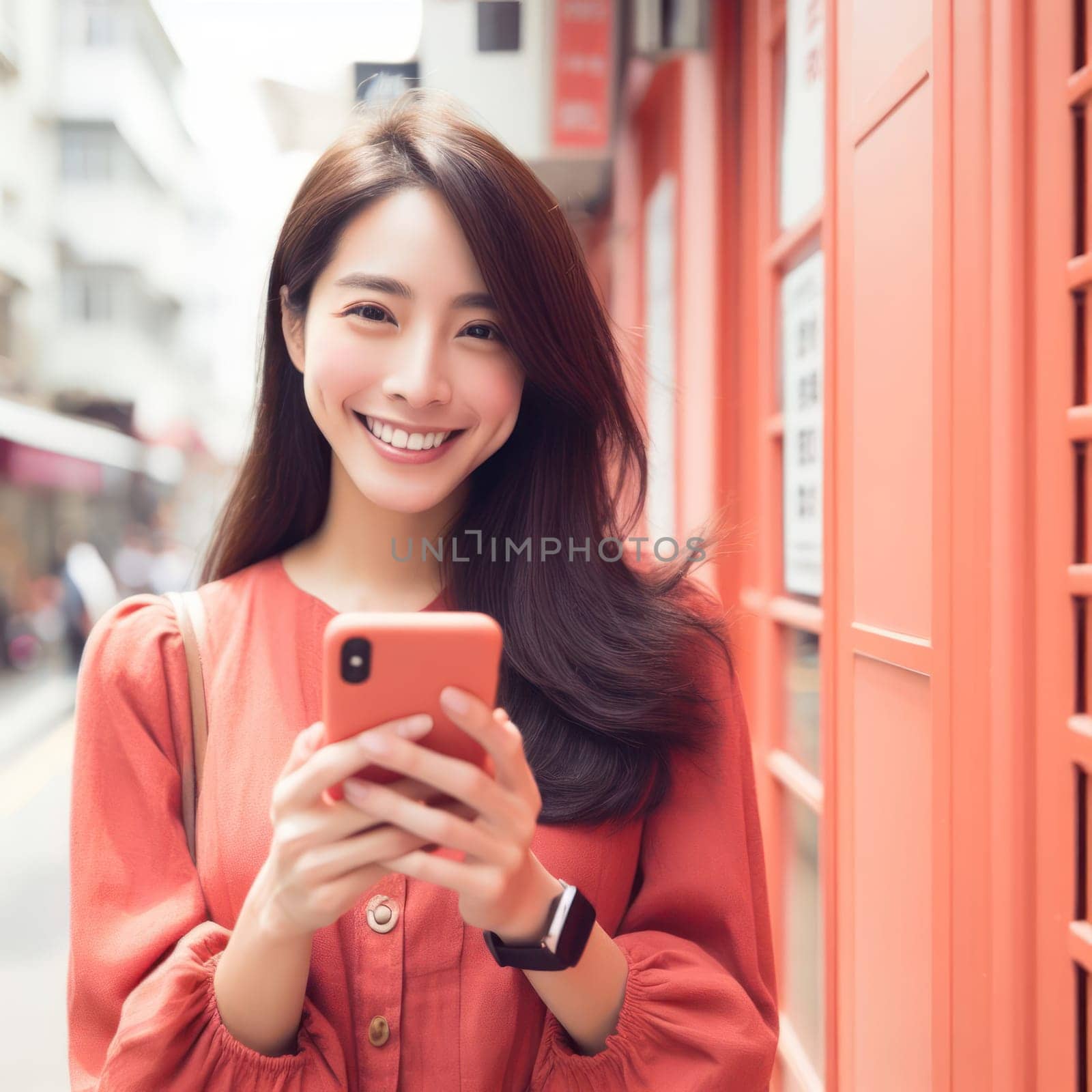 happy young attractive fashionable asian woman wearing  burnt coral colored clothes using a phone in a color coordinated street generative ai