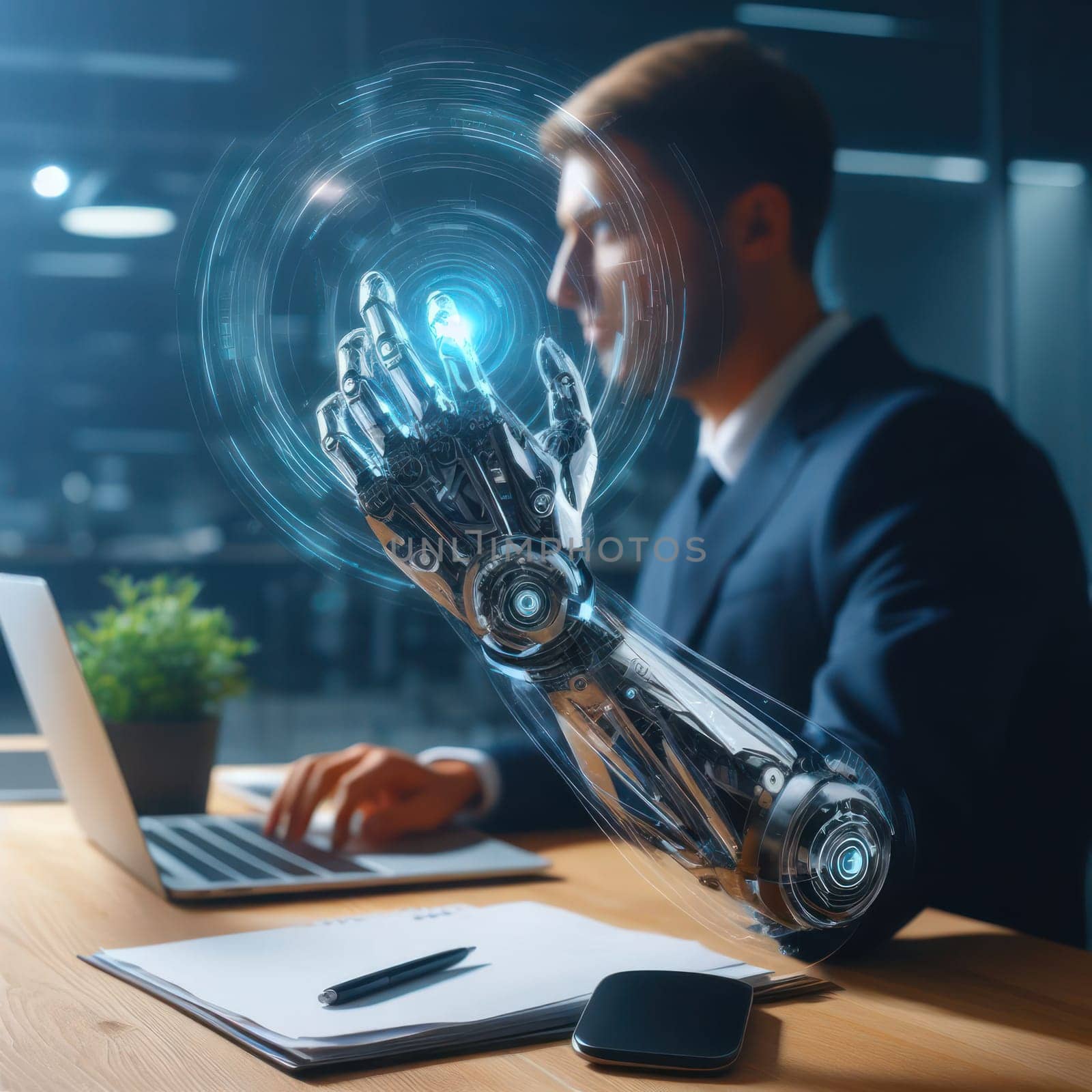 person using an futuristic enhanced robotic arm in the office generative ai