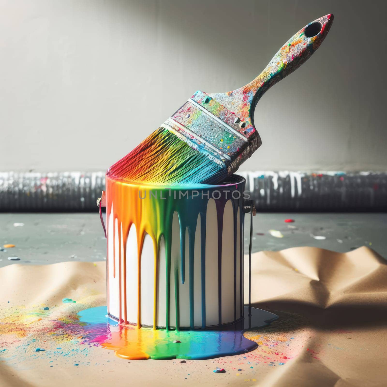 about to paint the wall with rainbow paint out of the can generative ai