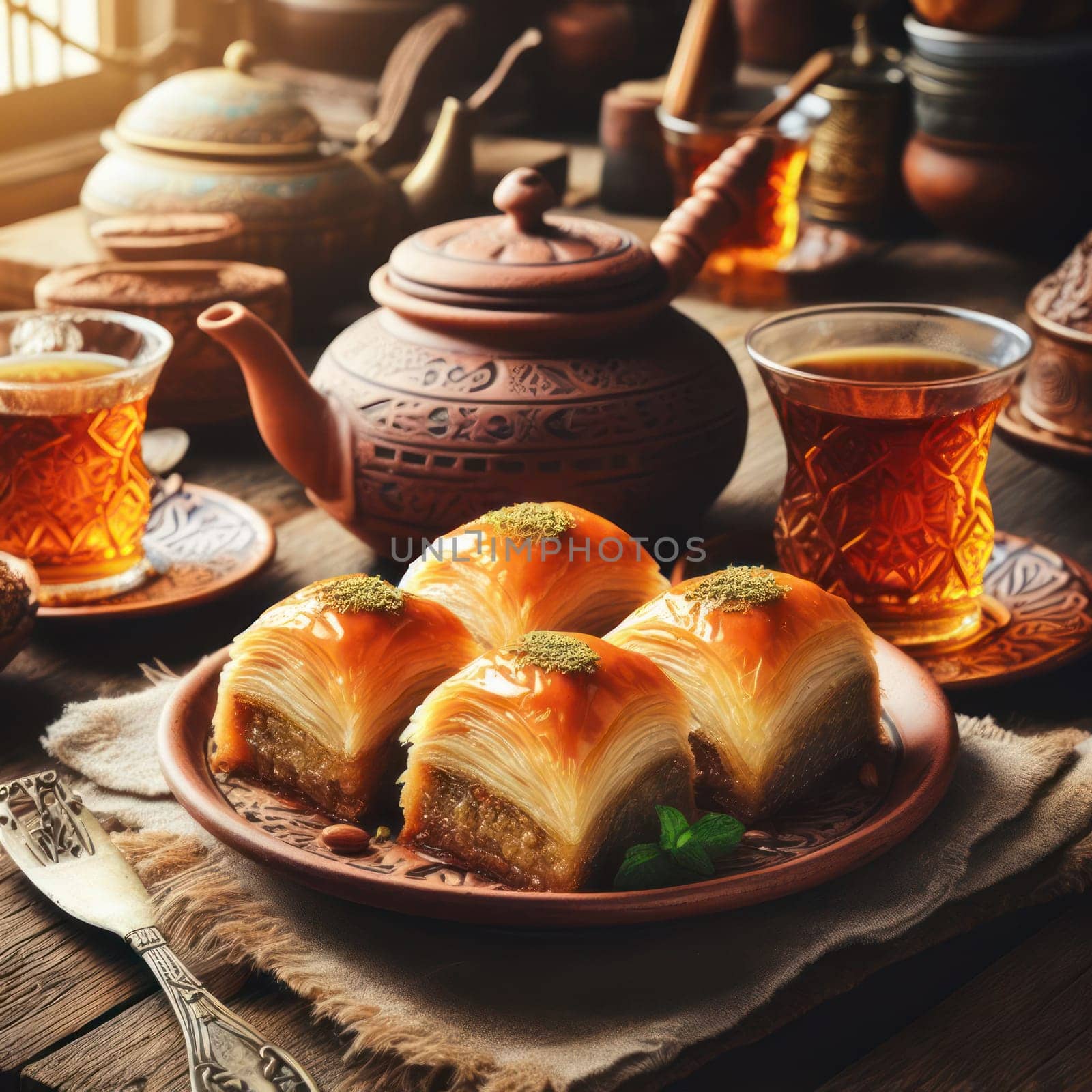 plate of delicious greek or turkish baklava on a plate in a rustic setting generative ai
