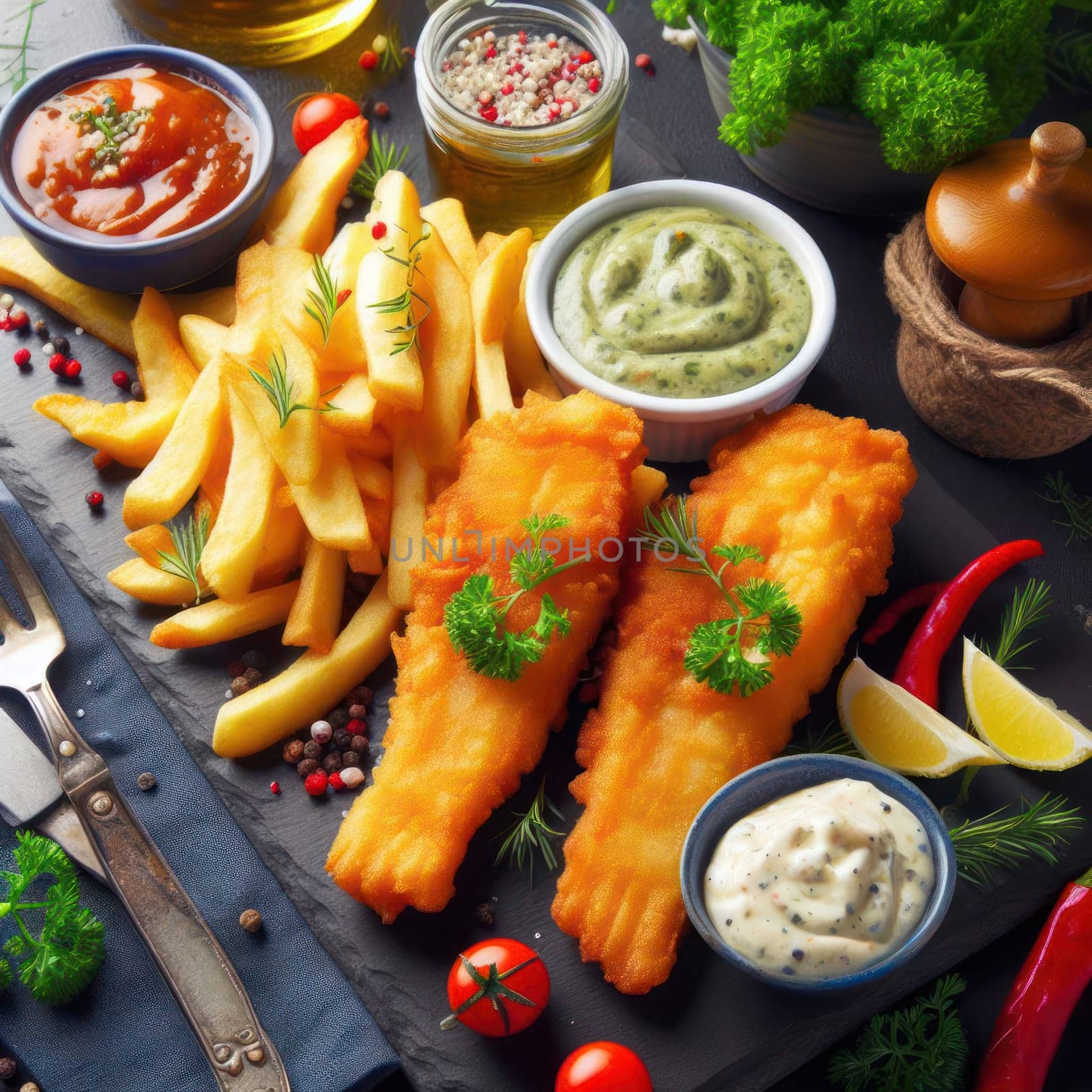 delicious british fried fish and chips with tartar sauce and lemon in a rustic setting generative ai
