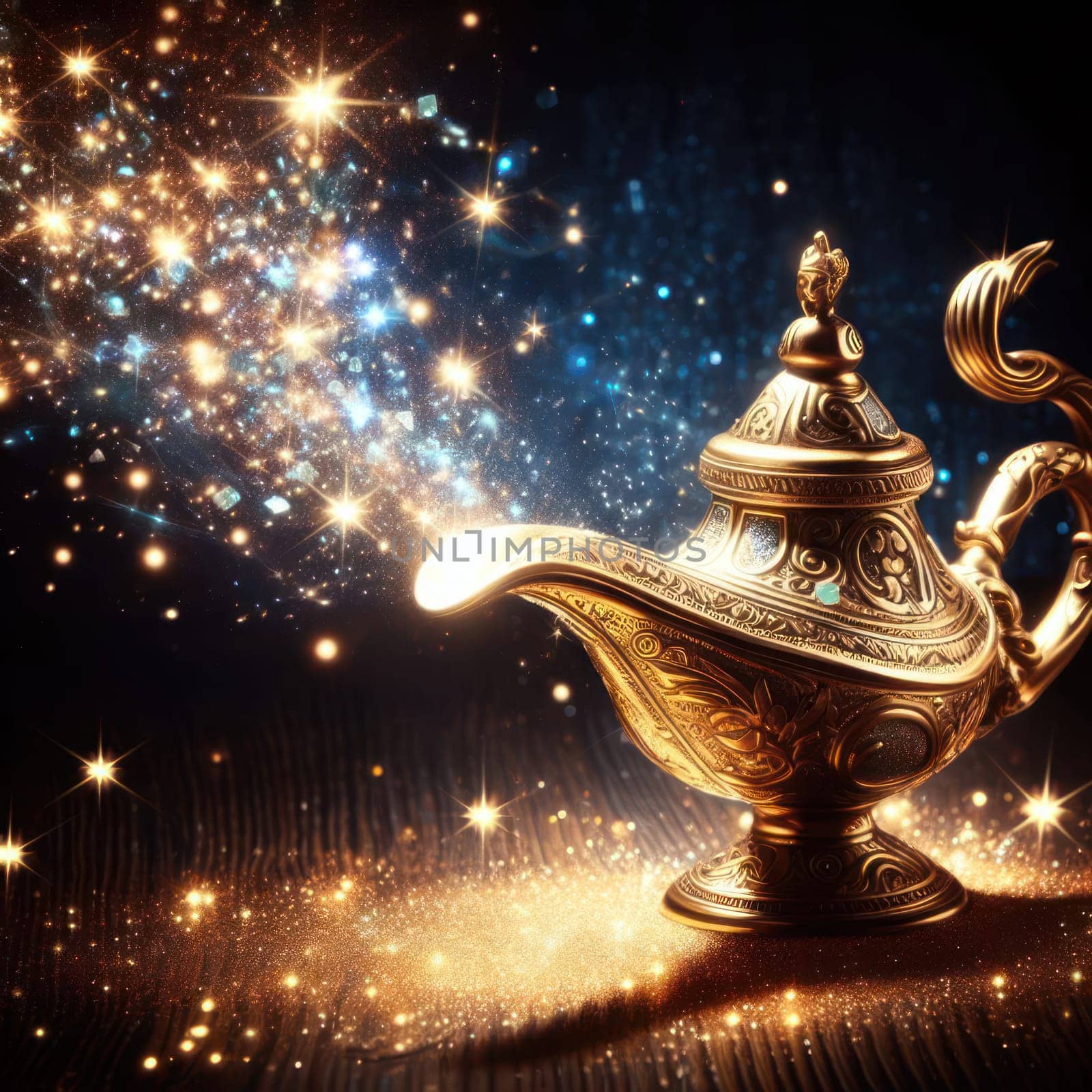 make a wish on the beautful magic genie lamp with sparkles and glitter generative ai