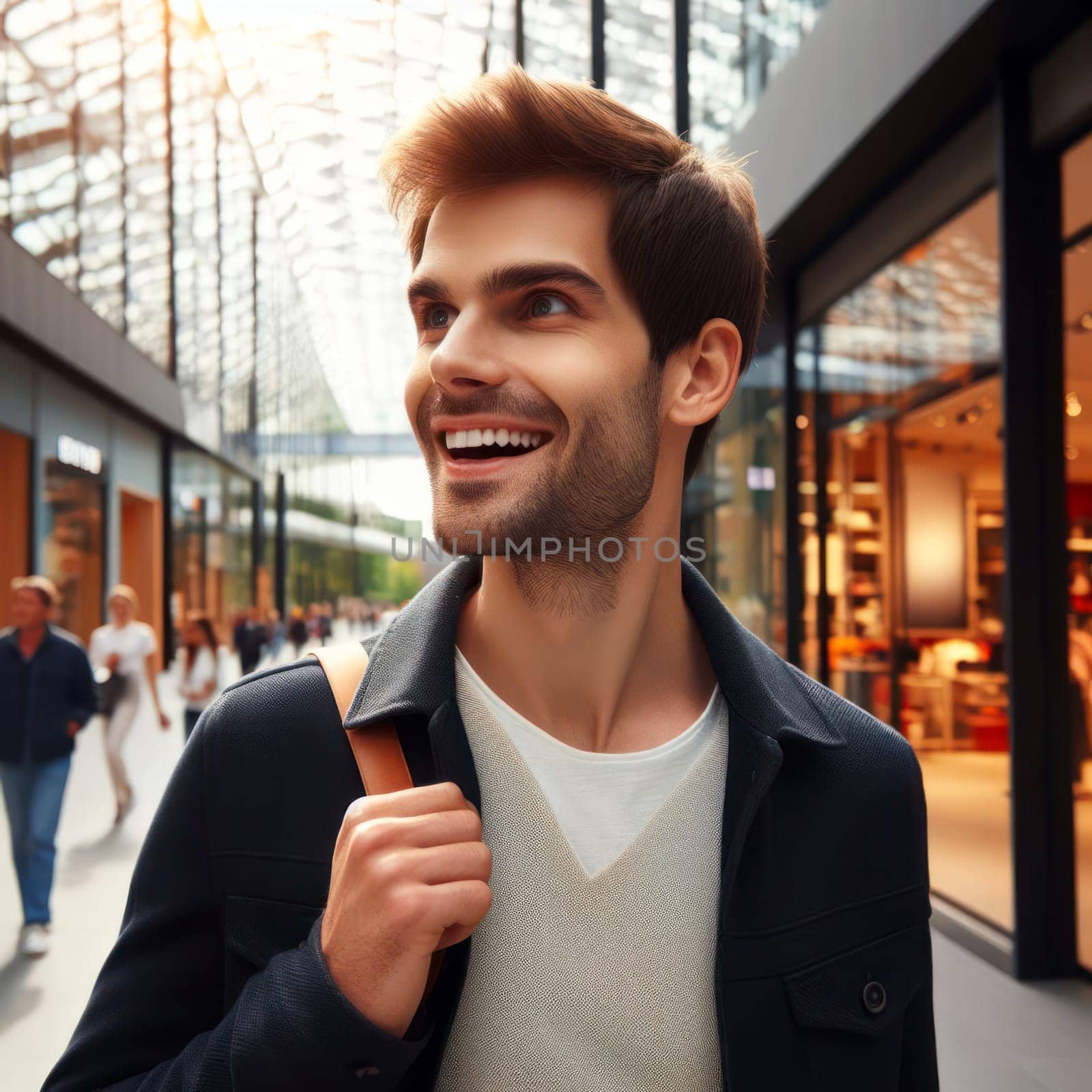 a happy smiling man shopping in an outside mall generative ai