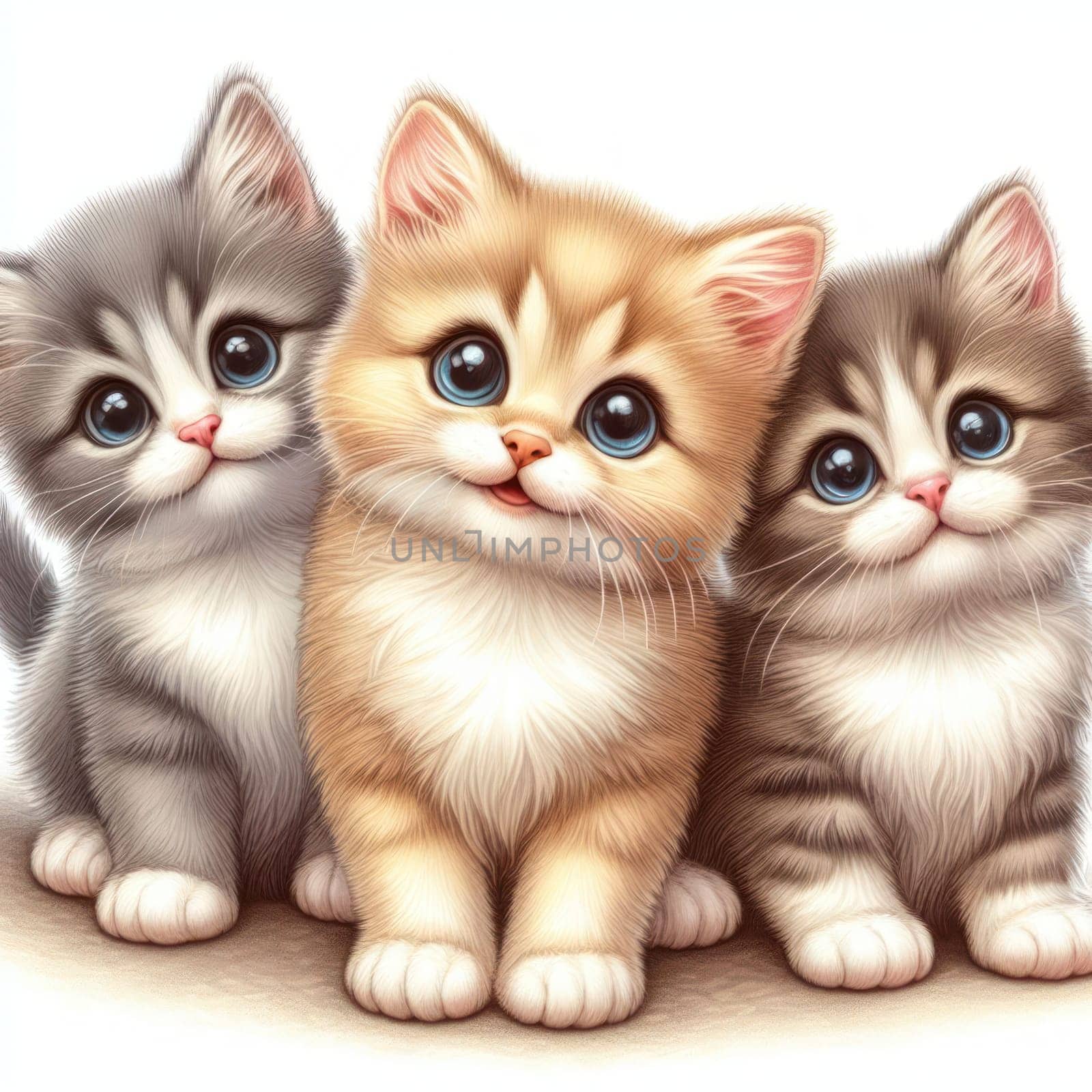 illustration of three cute and adorable kittens on white generative ai