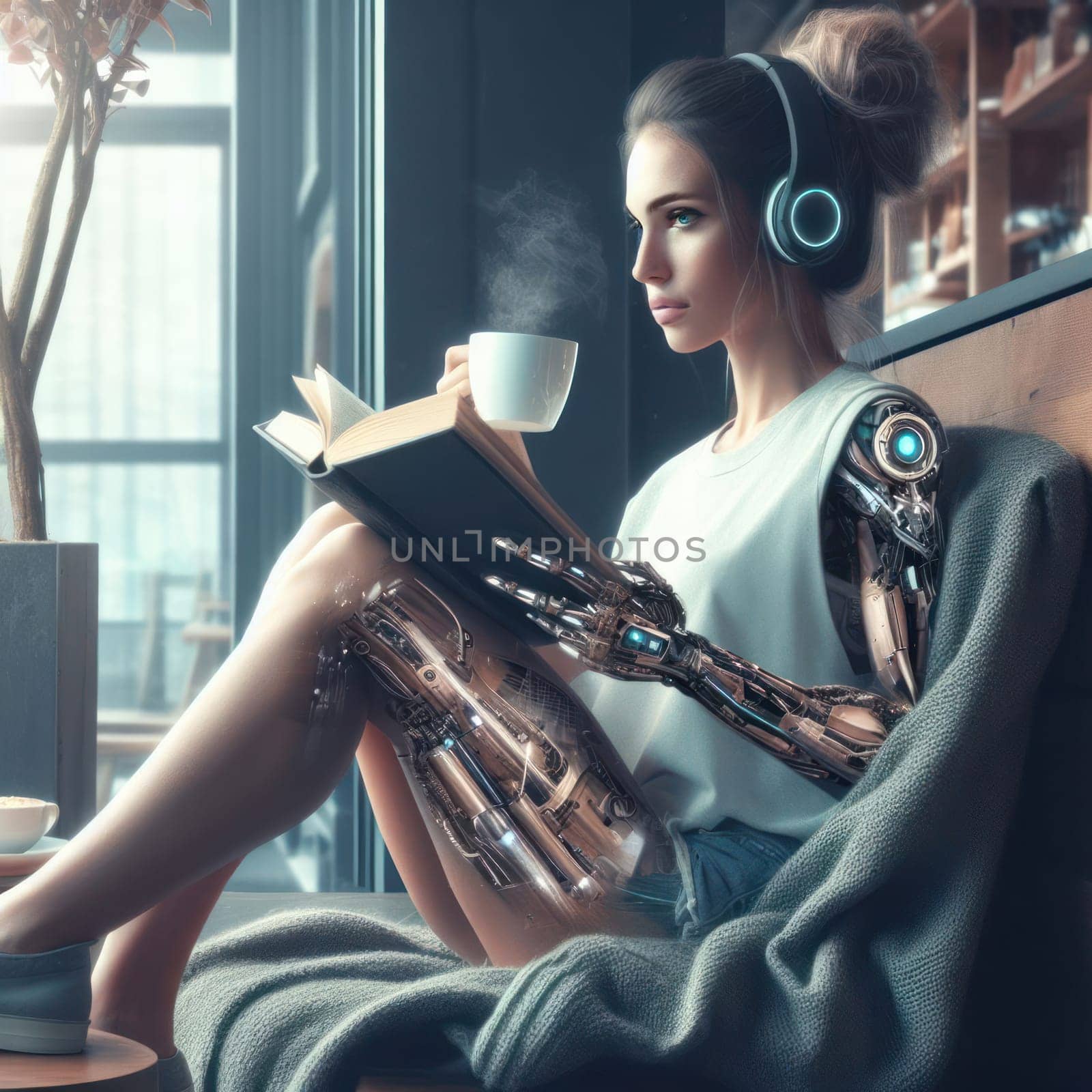 cybernetic person who has futuristic robotic enhancements or parts drinking coffee and reading a book generative ai