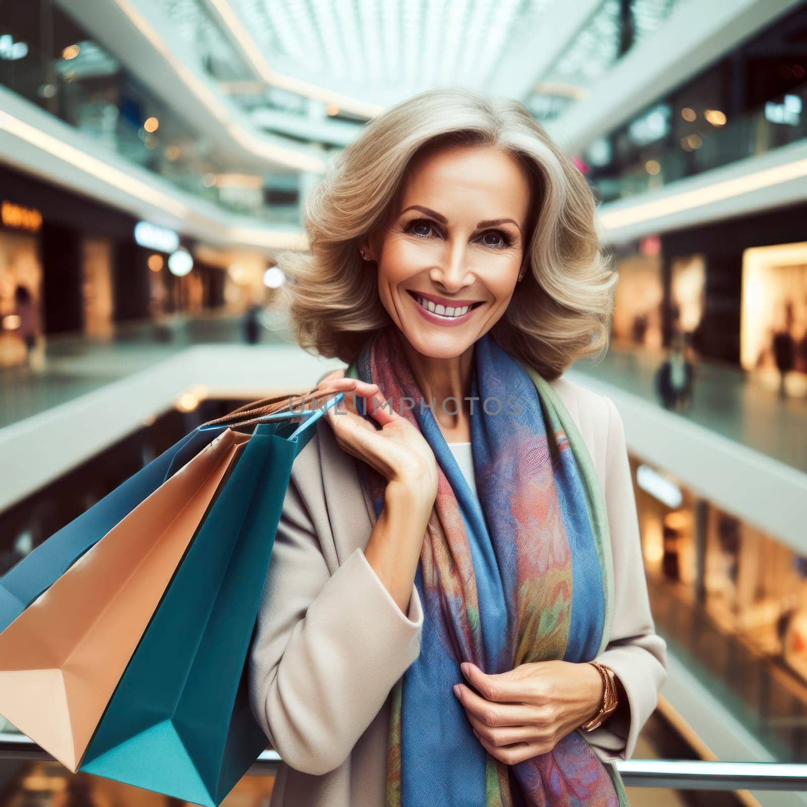 attractive smiling and happy middle aged woman shopping in a large mall generative ai