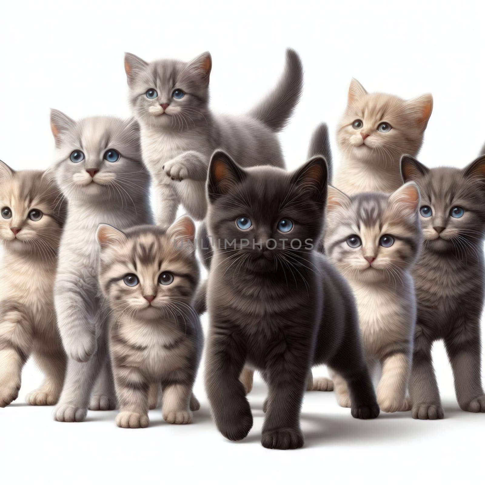 large group of assorted cute kittens on white background generative ai
